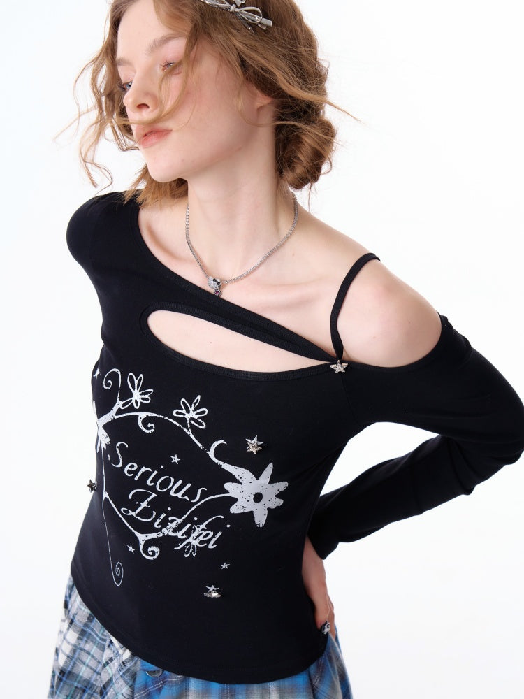 Cut Out Off Shoulder Irregular Neckline Long Sleeved T-Shirt【s0000011754】