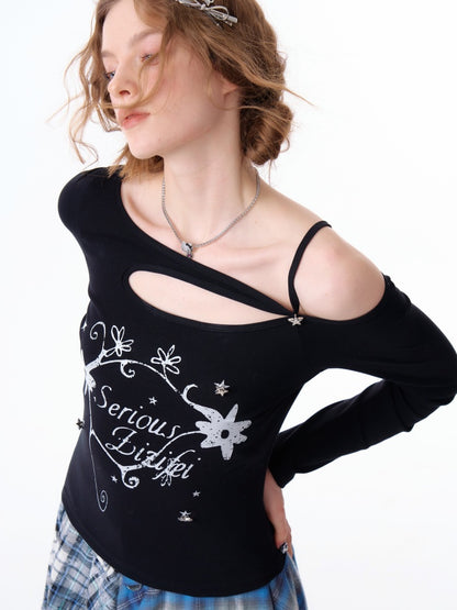 Cut Out Off Shoulder Irregular Neckline Long Sleeved T-Shirt【s0000011754】