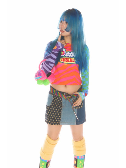 Y2K Dopamine Color Blocked Print Long sleeved T-Shirt【s0000011785】