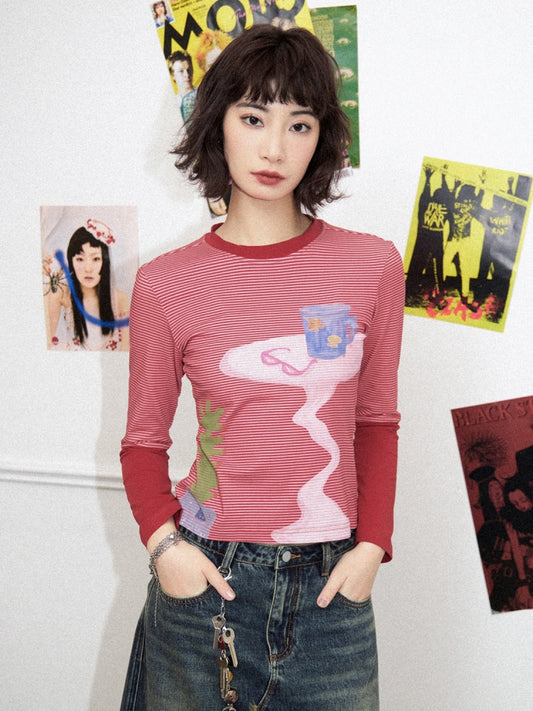 Table Potted Plant BorderStitching Long Sleeve T-Shirt【s0000011910】