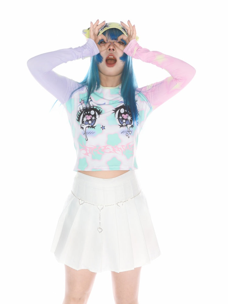 Comic Eye Two-Dimensional Subculture Star Color-Blocked Long Sleeve T-Shirt【s0000011789】