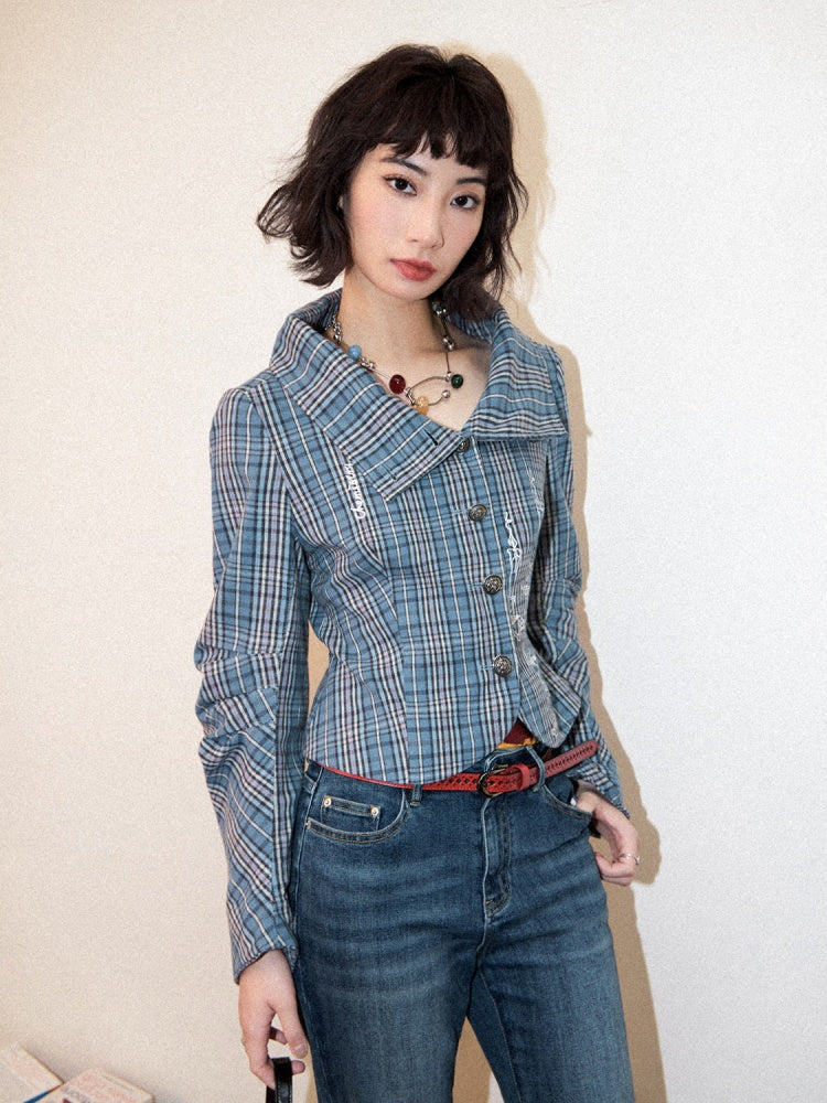 Candlesticks Embroidered Stacked Collar Plaid Short Jacket【s0000011909】