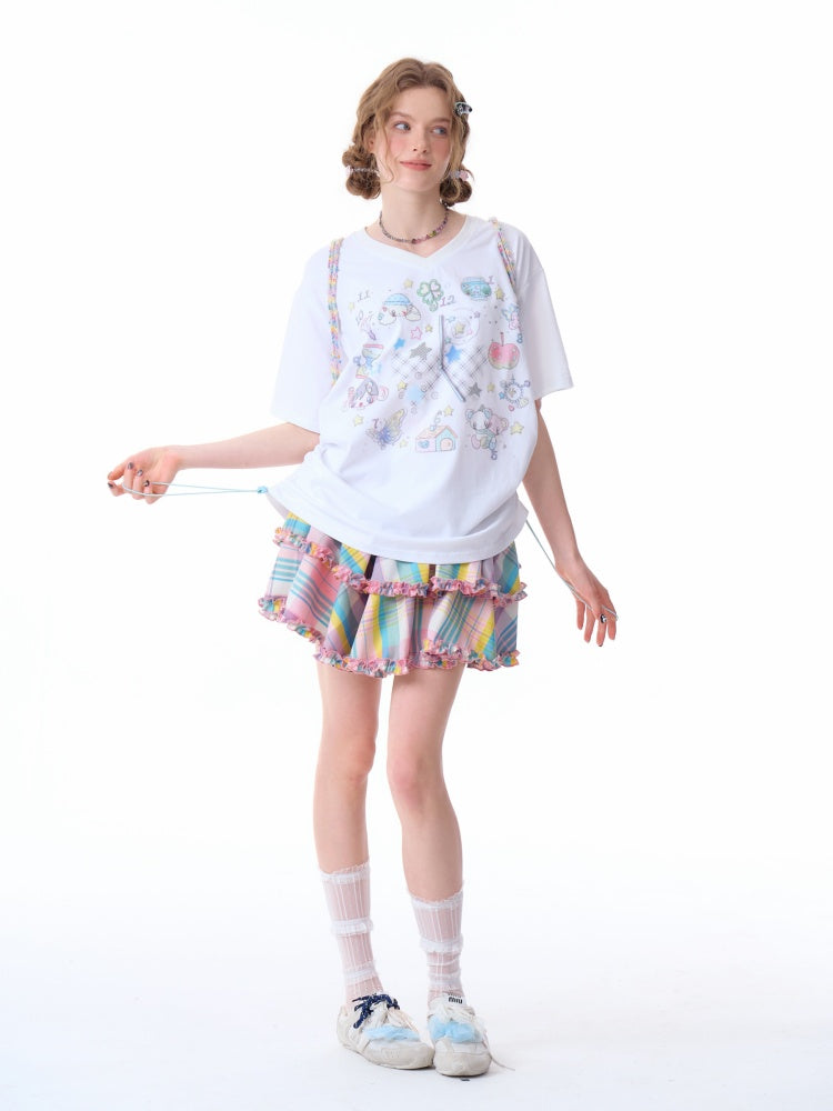 Cartoon Print Pattern V-Neck Short Sleeve T-Shirt【s0000011914】