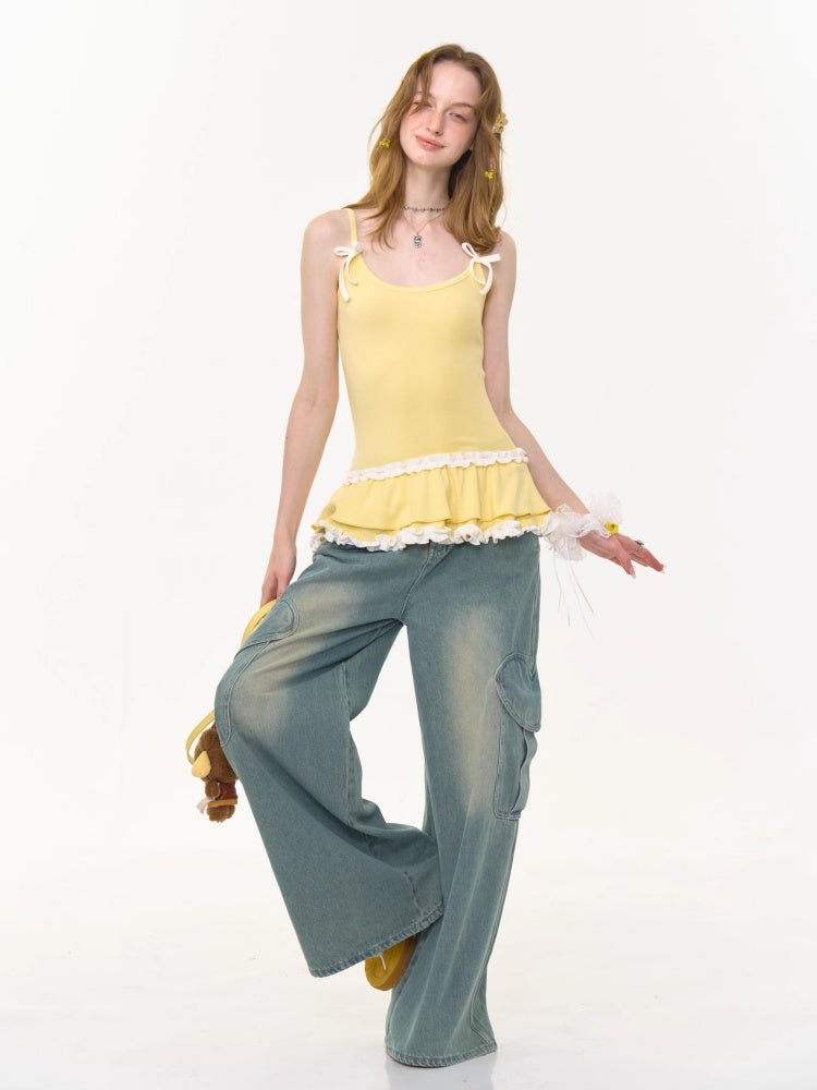 Ruffle Lace Pleated Hem Bow Camisole【s0000013008】
