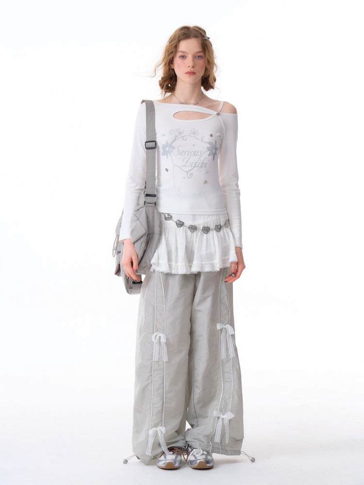 Lace Bow Wide Leg Straight Sports Casual Pants【s0000011918】