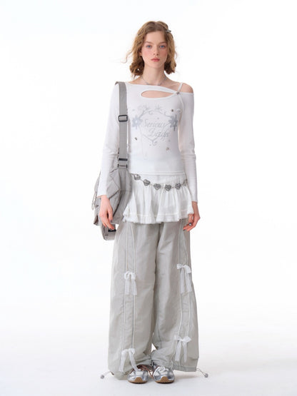 Lace Bow Wide Leg Straight Sports Casual Pants【s0000011918】