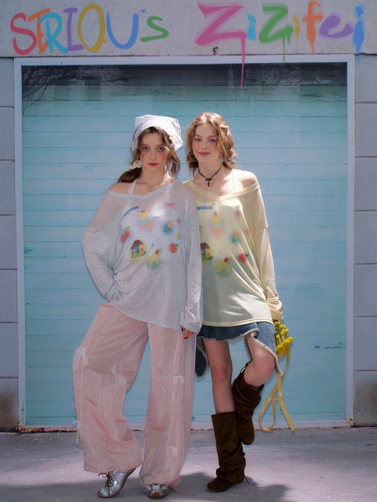 Drawstring Print Semi Sheer Loose V-Neck Long Sleeved T-Shirt【s0000011751】