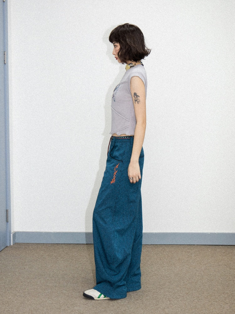 Orange Embroidered Striped Loose Banana Pants【s0000011901】