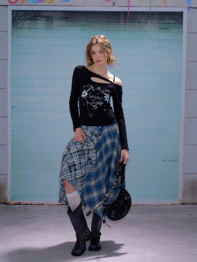 Cut Out Off Shoulder Irregular Neckline Long Sleeved T-Shirt【s0000011754】