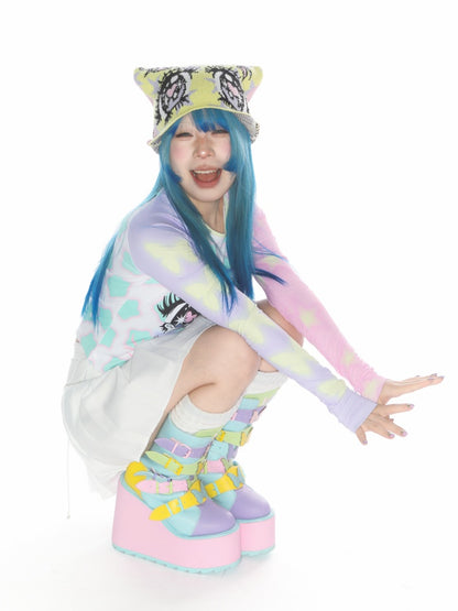 Comic Eye Two-Dimensional Subculture Star Color-Blocked Long Sleeve T-Shirt【s0000011789】