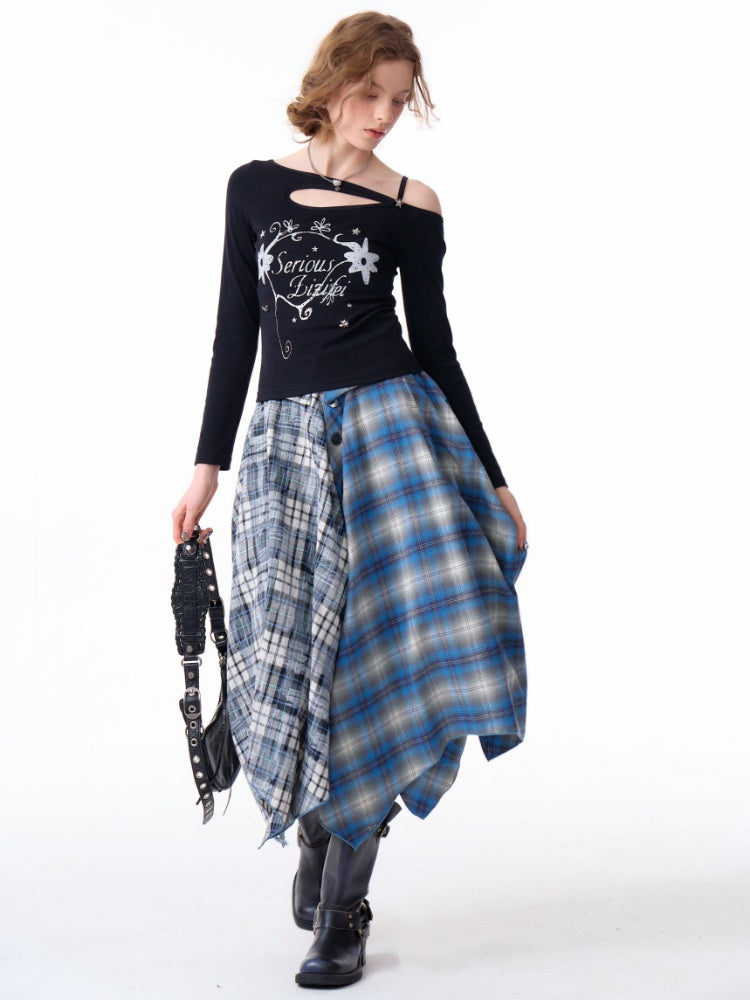 Cut Out Off Shoulder Irregular Neckline Long Sleeved T-Shirt【s0000011754】