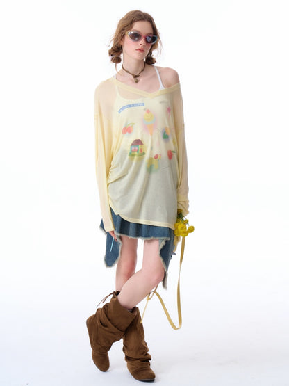 Drawstring Print Semi Sheer Loose V-Neck Long Sleeved T-Shirt【s0000011751】