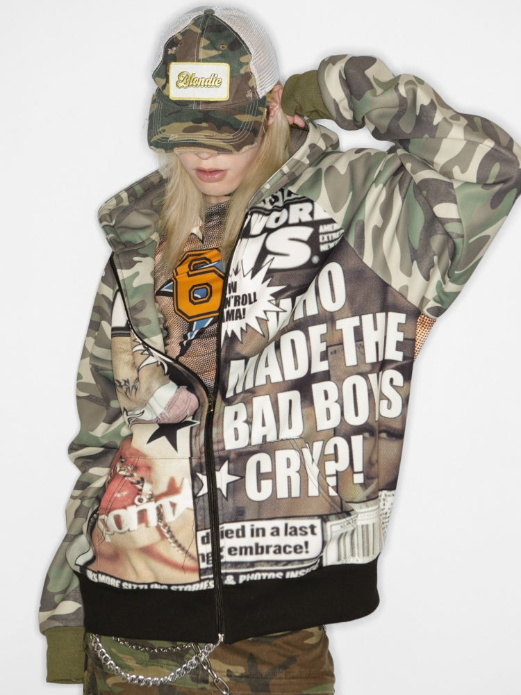Camouflage Pattern Raglan Full Zip Oversized Hoodie Jacket 【s0000011776】