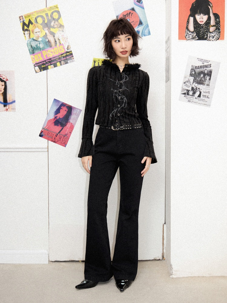 Fur Collar Graphic Print Cardigan【s0000011904】