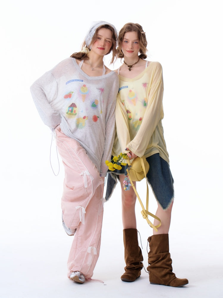 Drawstring Print Semi Sheer Loose V-Neck Long Sleeved T-Shirt【s0000011751】