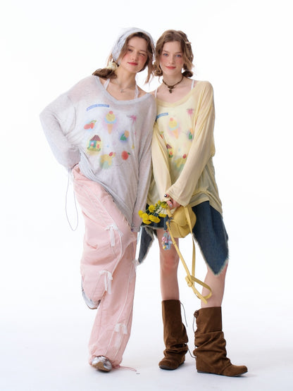 Drawstring Print Semi Sheer Loose V-Neck Long Sleeved T-Shirt【s0000011751】