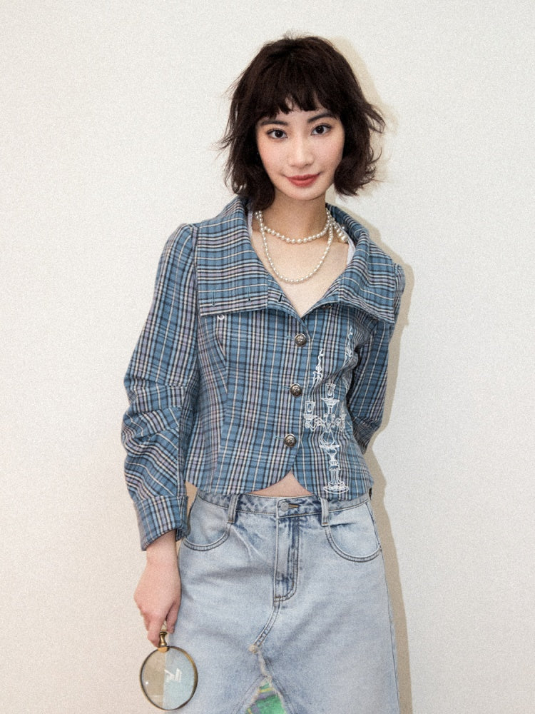 Candlesticks Embroidered Stacked Collar Plaid Short Jacket
