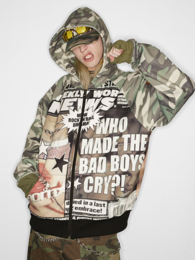 Camouflage Pattern Raglan Full Zip Oversized Hoodie Jacket 【s0000011776】