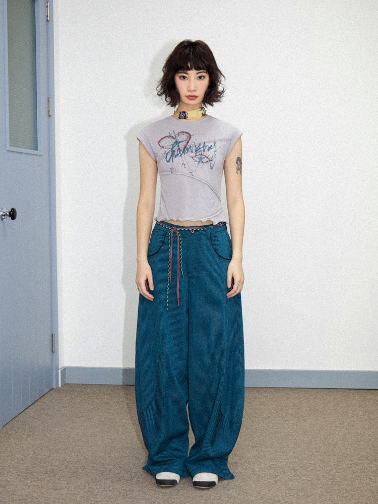 Orange Embroidered Striped Loose Banana Pants【s0000011901】