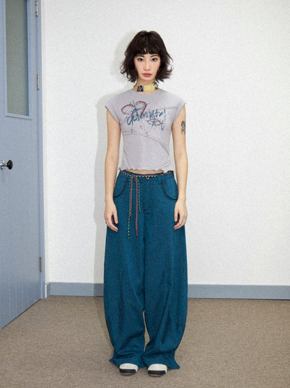 Orange Embroidered Striped Loose Banana Pants【s0000011901】