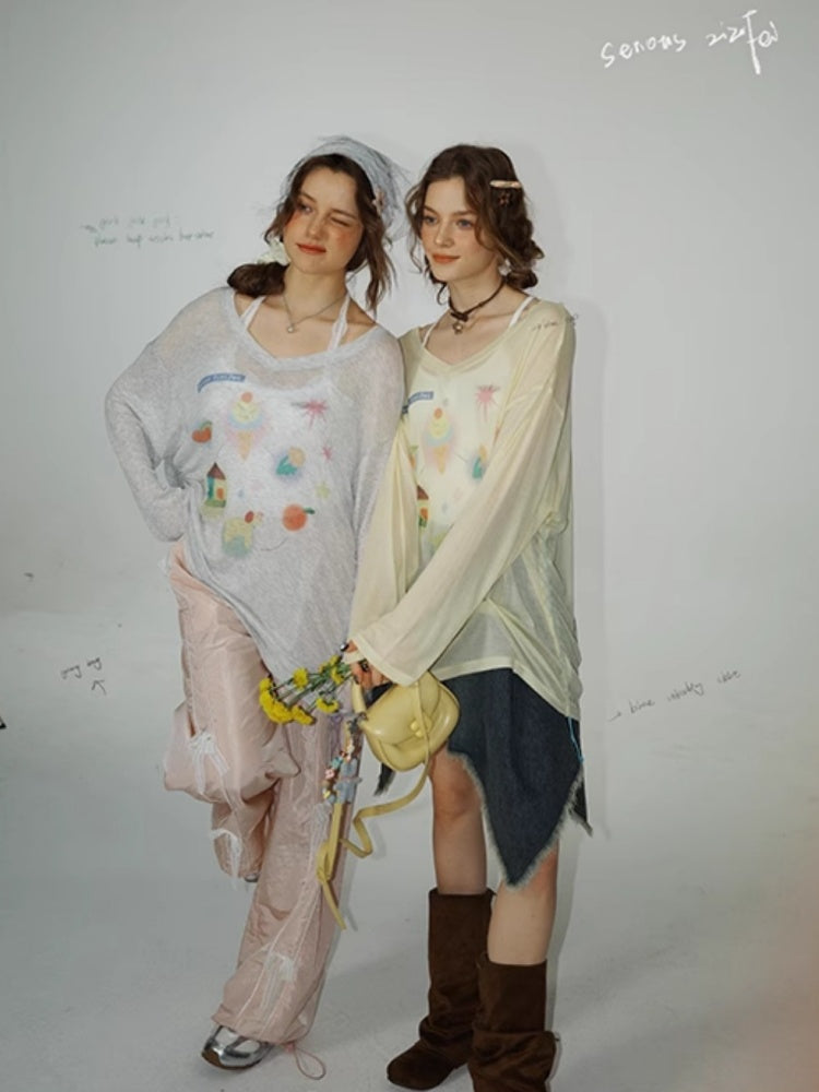 Drawstring Print Semi Sheer Loose V-Neck Long Sleeved T-Shirt【s0000011751】