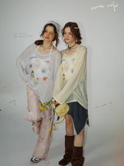 Drawstring Print Semi Sheer Loose V-Neck Long Sleeved T-Shirt【s0000011751】