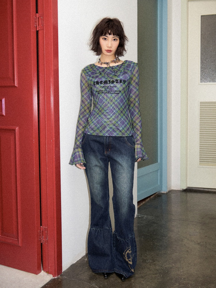 Chemistry Message Print Ruffle Check Long Sleeve T-Shirt【s0000011899】