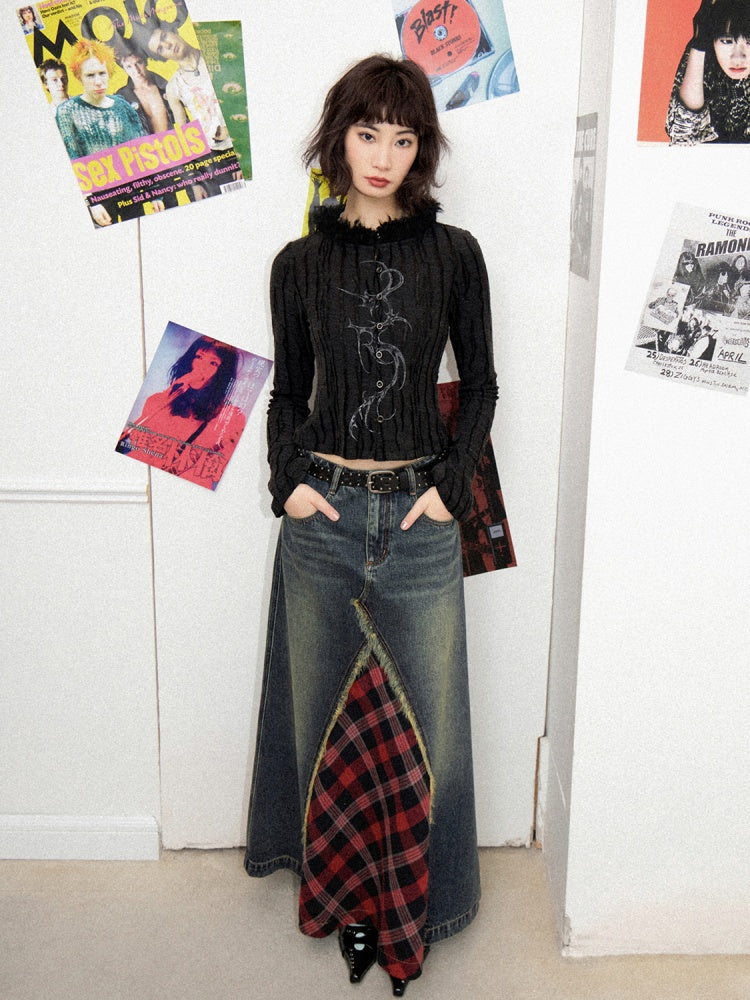 Front Slit Denim Checked A-Line Skirt【s0000011905】