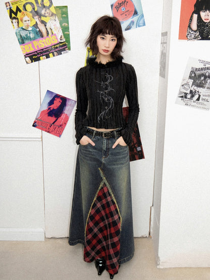 Front Slit Denim Checked A-Line Skirt【s0000011905】