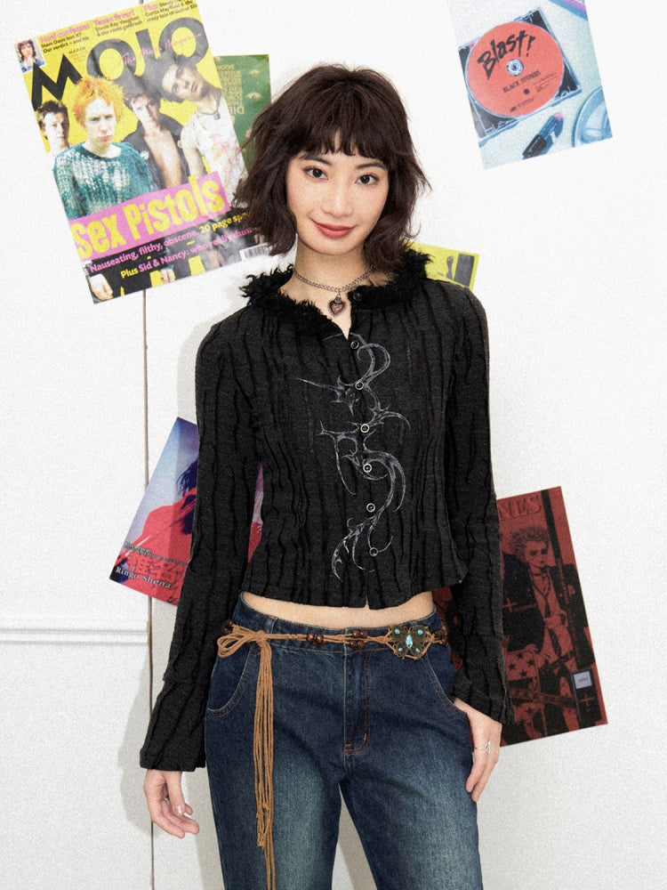 Fur Collar Graphic Print Cardigan【s0000011904】