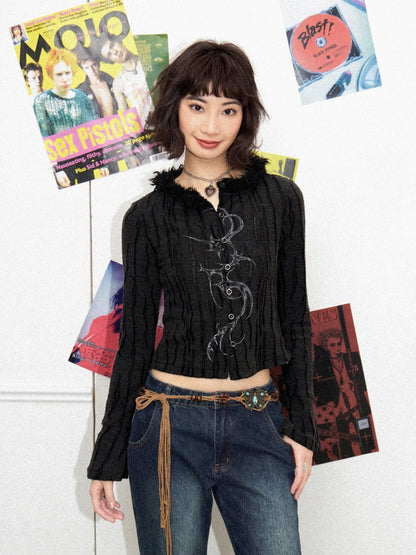 Fur Collar Graphic Print Cardigan【s0000011904】