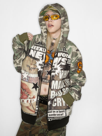 Camouflage Pattern Raglan Full Zip Oversized Hoodie Jacket 【s0000011776】