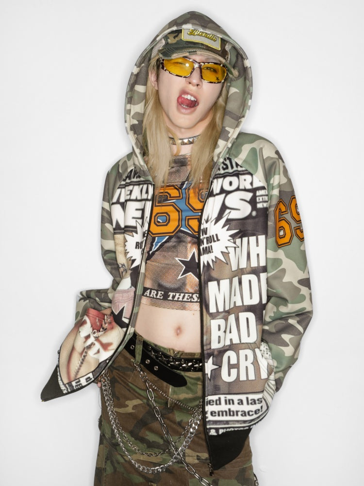 Camouflage Pattern Raglan Full Zip Oversized Hoodie Jacket 【s0000011776】