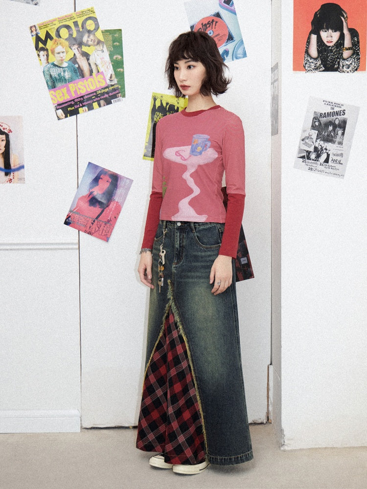Front Slit Denim Checked A-Line Skirt【s0000011905】