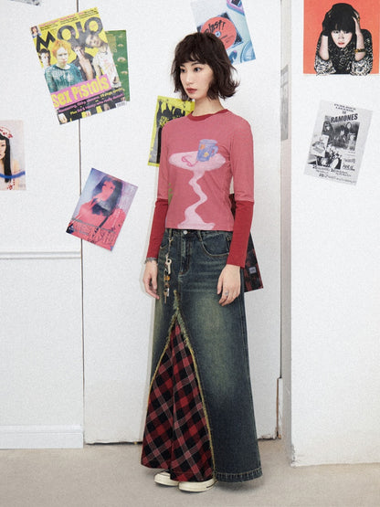 Front Slit Denim Checked A-Line Skirt【s0000011905】
