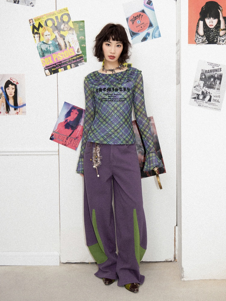 Chemistry Message Print Ruffle Check Long Sleeve T-Shirt【s0000011899】