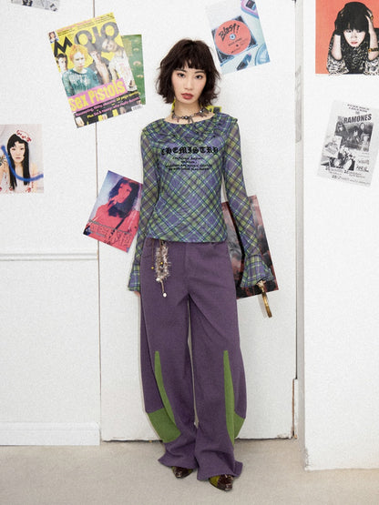 Chemistry Message Print Ruffle Check Long Sleeve T-Shirt【s0000011899】