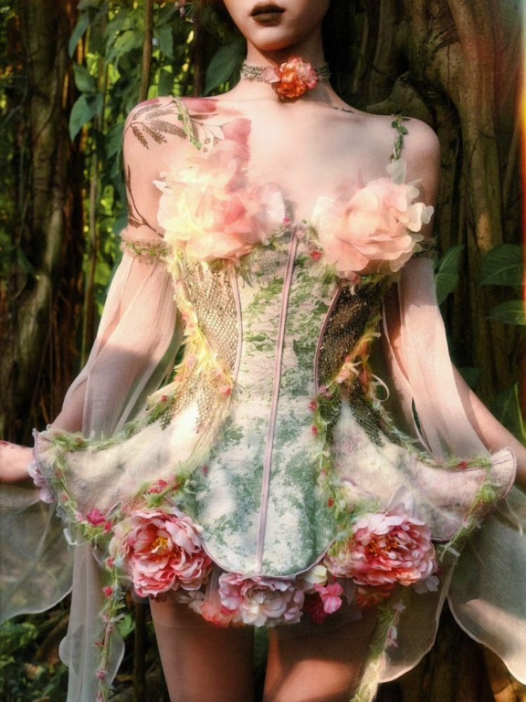 Forest Fairy Floral Lace Corset Dress 4-iece Set【s0000011761】