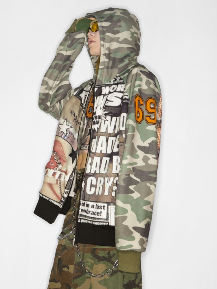 Camouflage Pattern Raglan Full Zip Oversized Hoodie Jacket 【s0000011776】