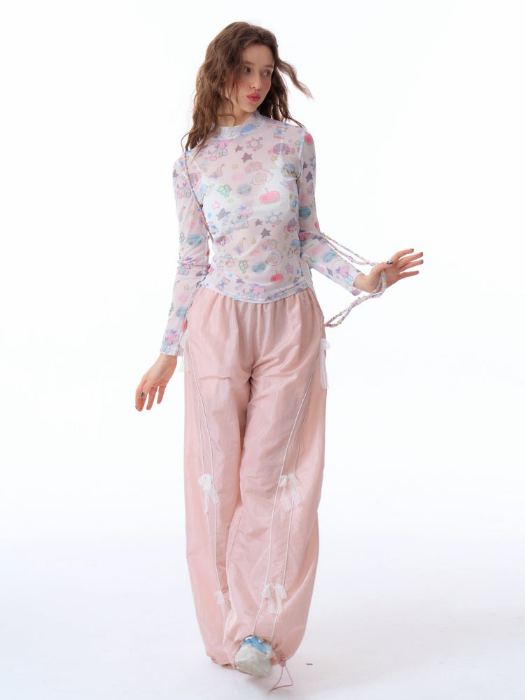 Lace Bow Wide Leg Straight Sports Casual Pants【s0000011918】