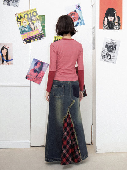 Front Slit Denim Checked A-Line Skirt【s0000011905】