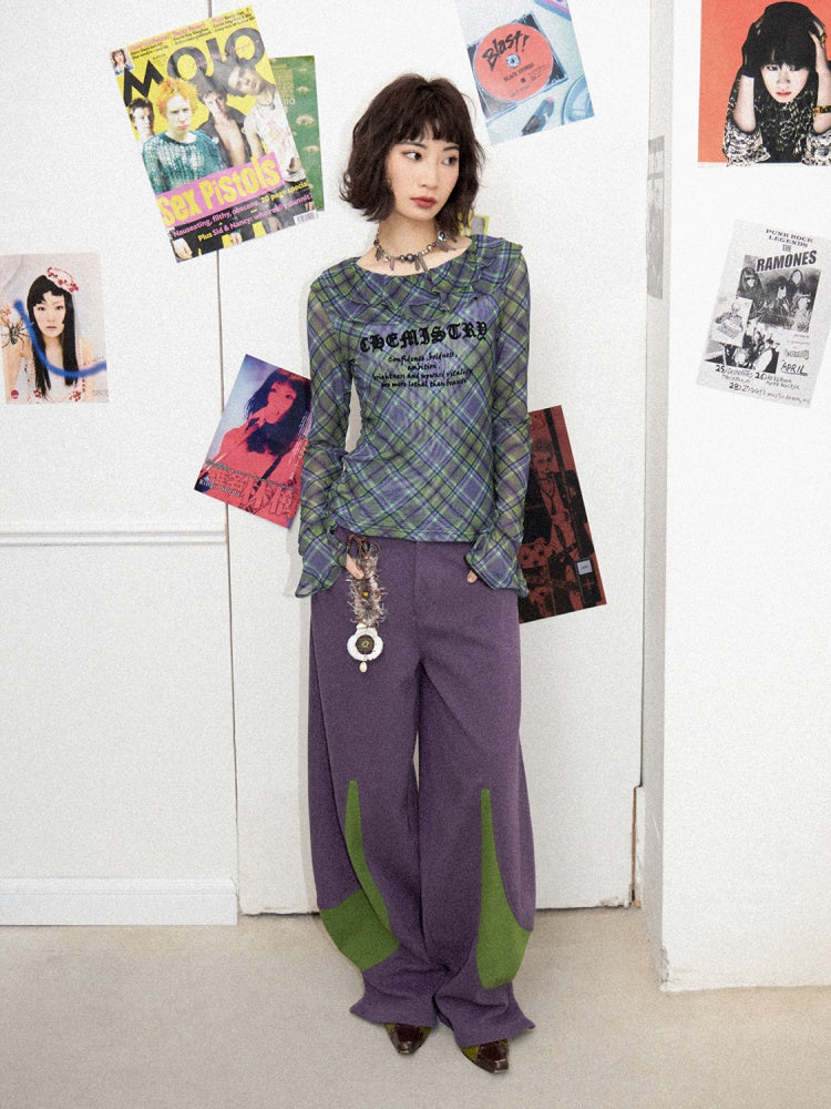 Chemistry Message Print Ruffle Check Long Sleeve T-Shirt【s0000011899】