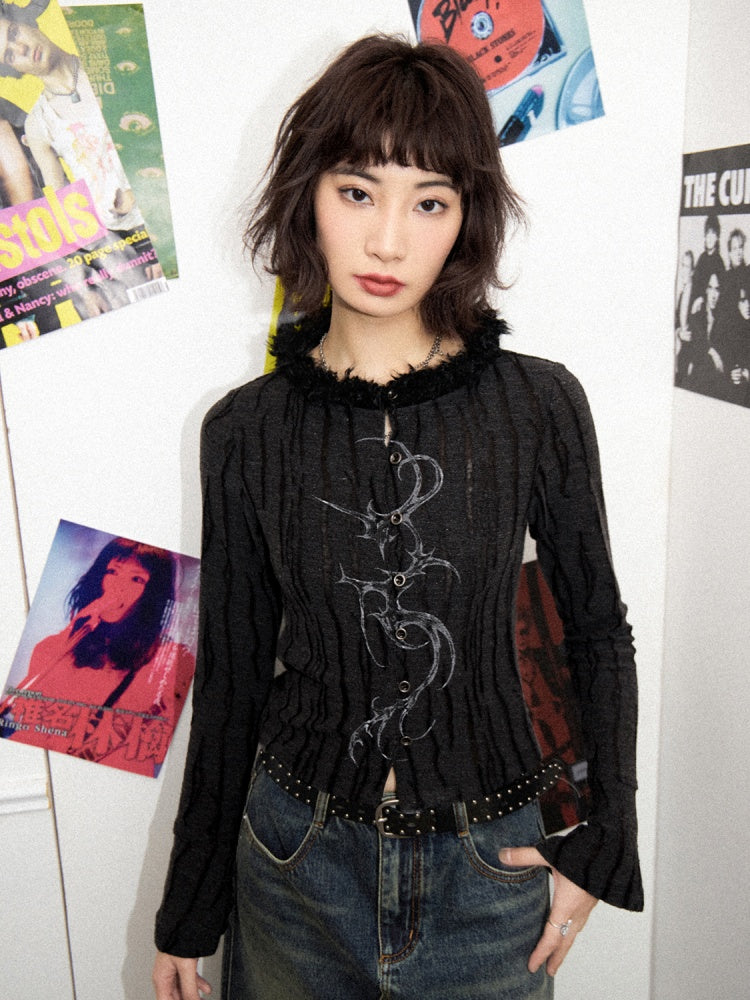 Fur Collar Graphic Print Cardigan【s0000011904】