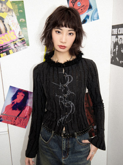 Fur Collar Graphic Print Cardigan【s0000011904】