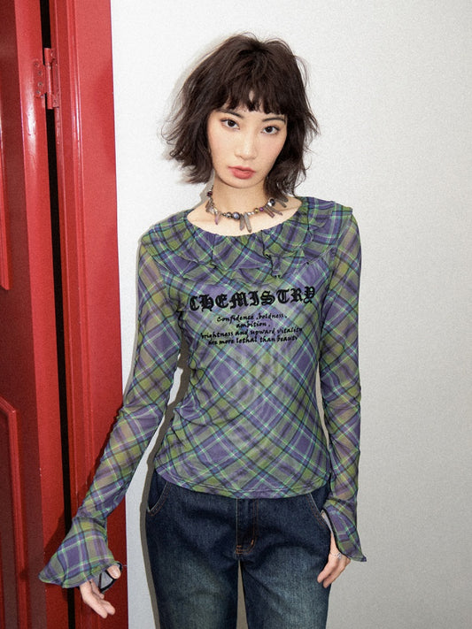 Chemistry Message Print Ruffle Check Long Sleeve T-Shirt【s0000011899】