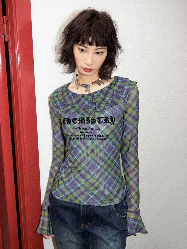 Chemistry Message Print Ruffle Check Long Sleeve T-Shirt【s0000011899】
