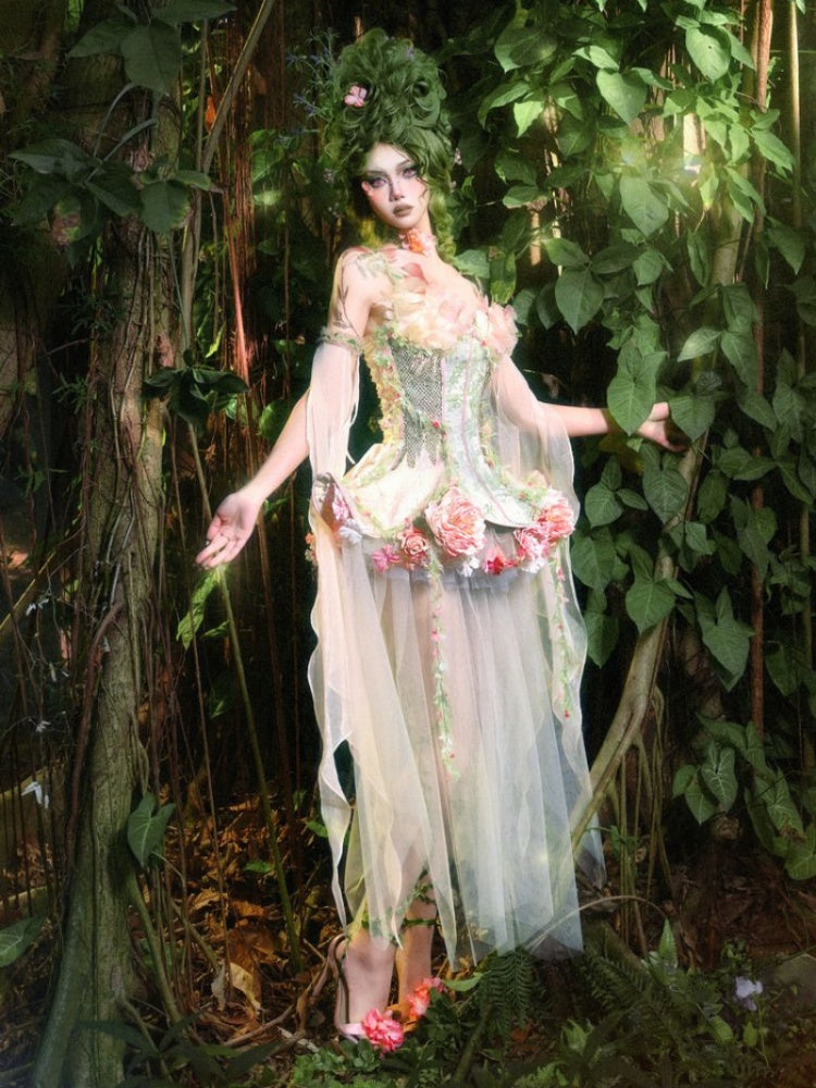 Forest Fairy Floral Lace Corset Dress 4-iece Set【s0000011761】