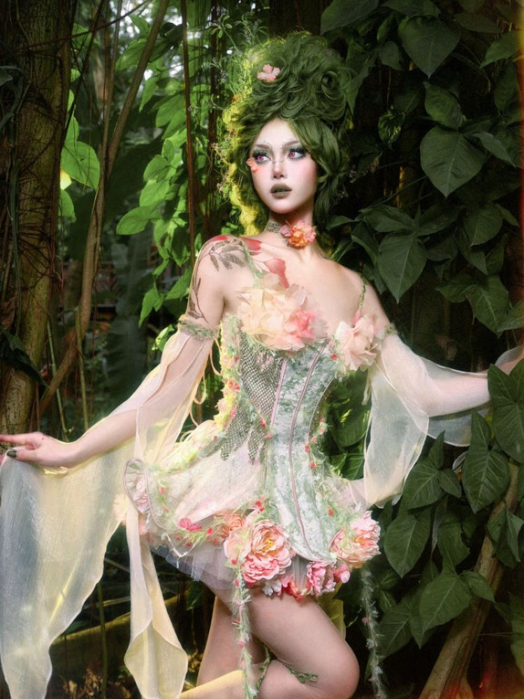 Forest Fairy Floral Lace Corset Dress 4-iece Set【s0000011761】