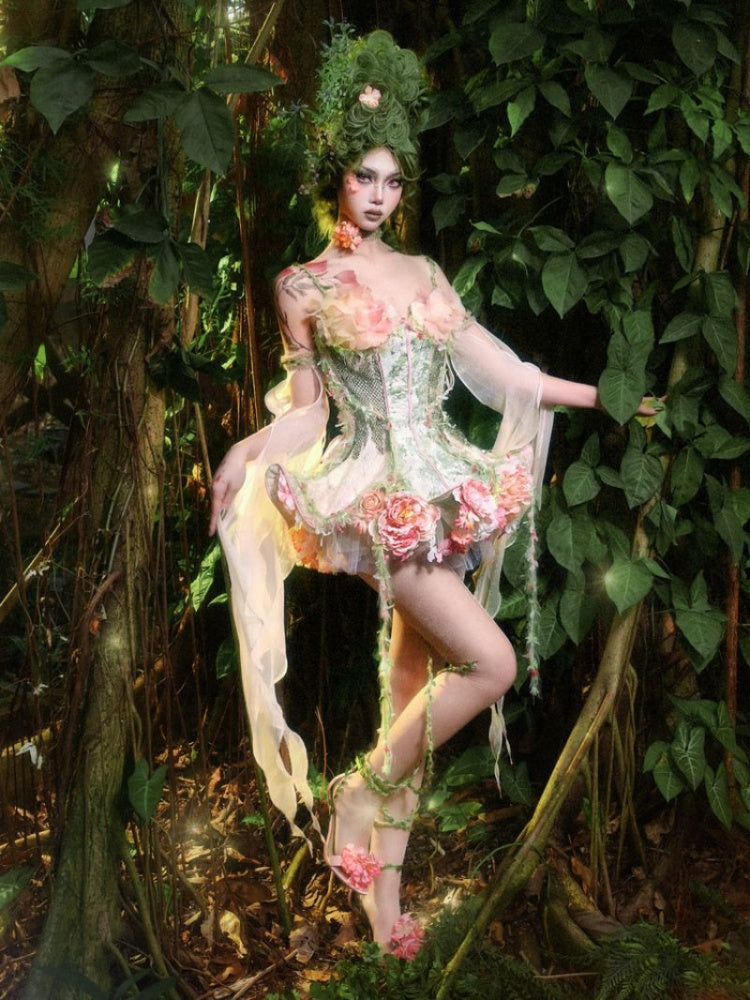 Forest Fairy Floral Lace Corset Dress 4-iece Set【s0000011761】