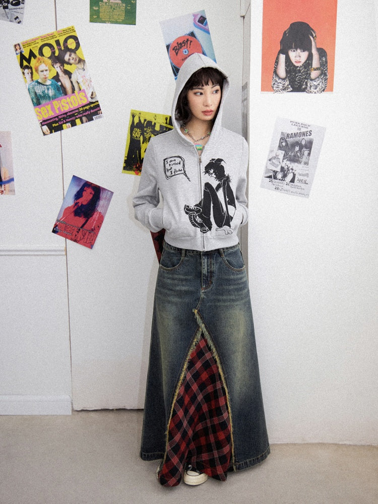 Front Slit Denim Checked A-Line Skirt【s0000011905】